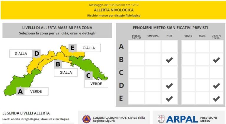 Neve, allerta gialla in Liguria
