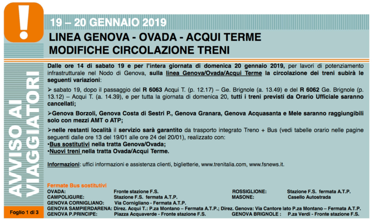 Variazione orario treni 19-20 gennaio