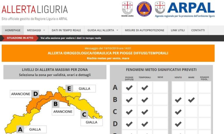 Maltempo, Arpal: domenica 20 ottobre allerta arancione nella Liguria centrale
