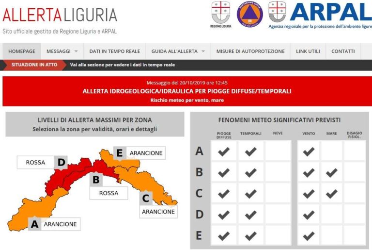 Maltempo, Arpal: allerta rossa in Liguria centrale