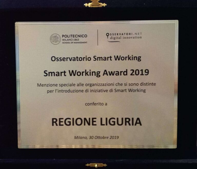 Regione Liguria premiata per lo smart working dal Politecnico di Milano