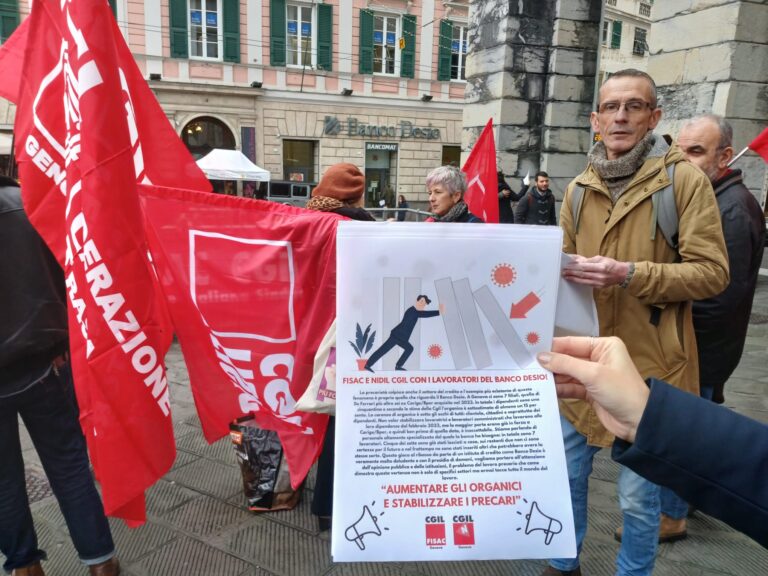 Presidio Banco Desio di Fisac e Nidil Cgil Genova. «Aumentare gli organici e stabilizzare i precari»