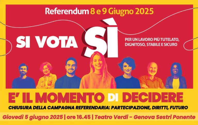 Referendum, il 5 giugno al Teatro Verdi di Sestri chiusura della campagna per i 5 sì