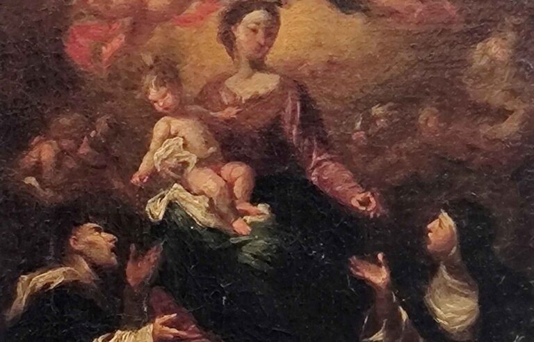 Piola Domenico, La Madonna del Rosario tra San Domenico e Santa Caterina da Siena, XVII sec, olio su tela, cm 48×32