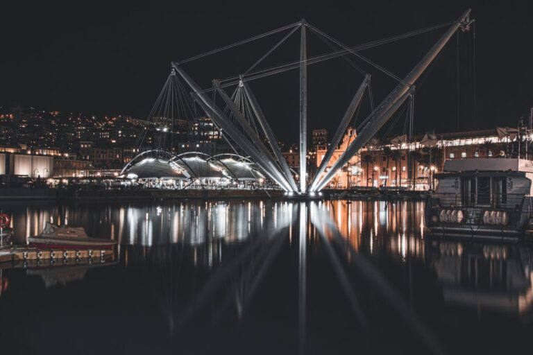 Porto Antico di Genova di notte, con il Bigo illuminato
